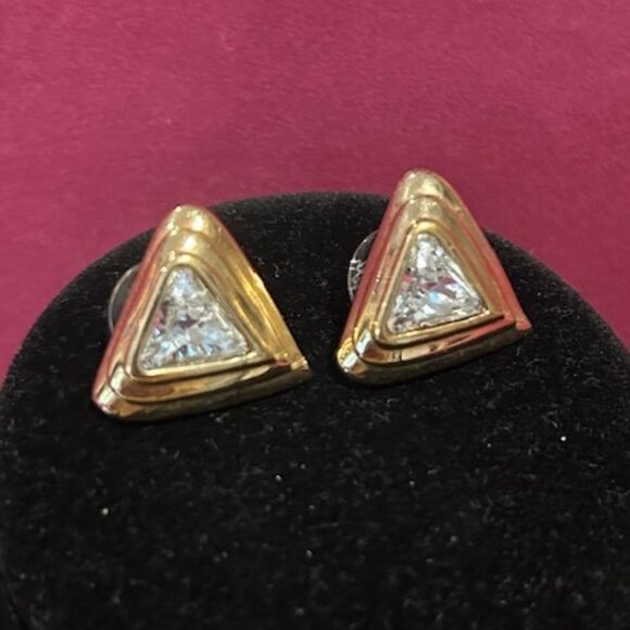 S.A.L SWAROVSKI Clear Crystal Triangle Gold Tone EARRINGS - Picture 5 of 8